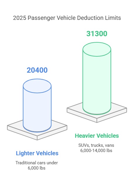 2025 passenger vehicle deduction limits infographic: lighter vs heavier vehicles under Section 179